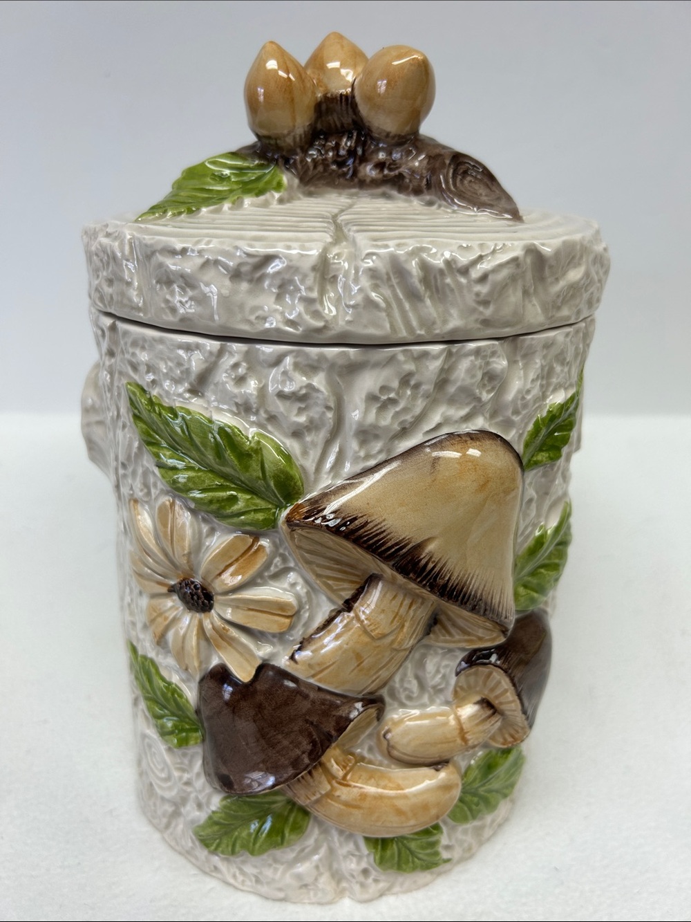Vintage 1970’s hand painted ceramic 10 1/4” woodland forest mushroom canister
